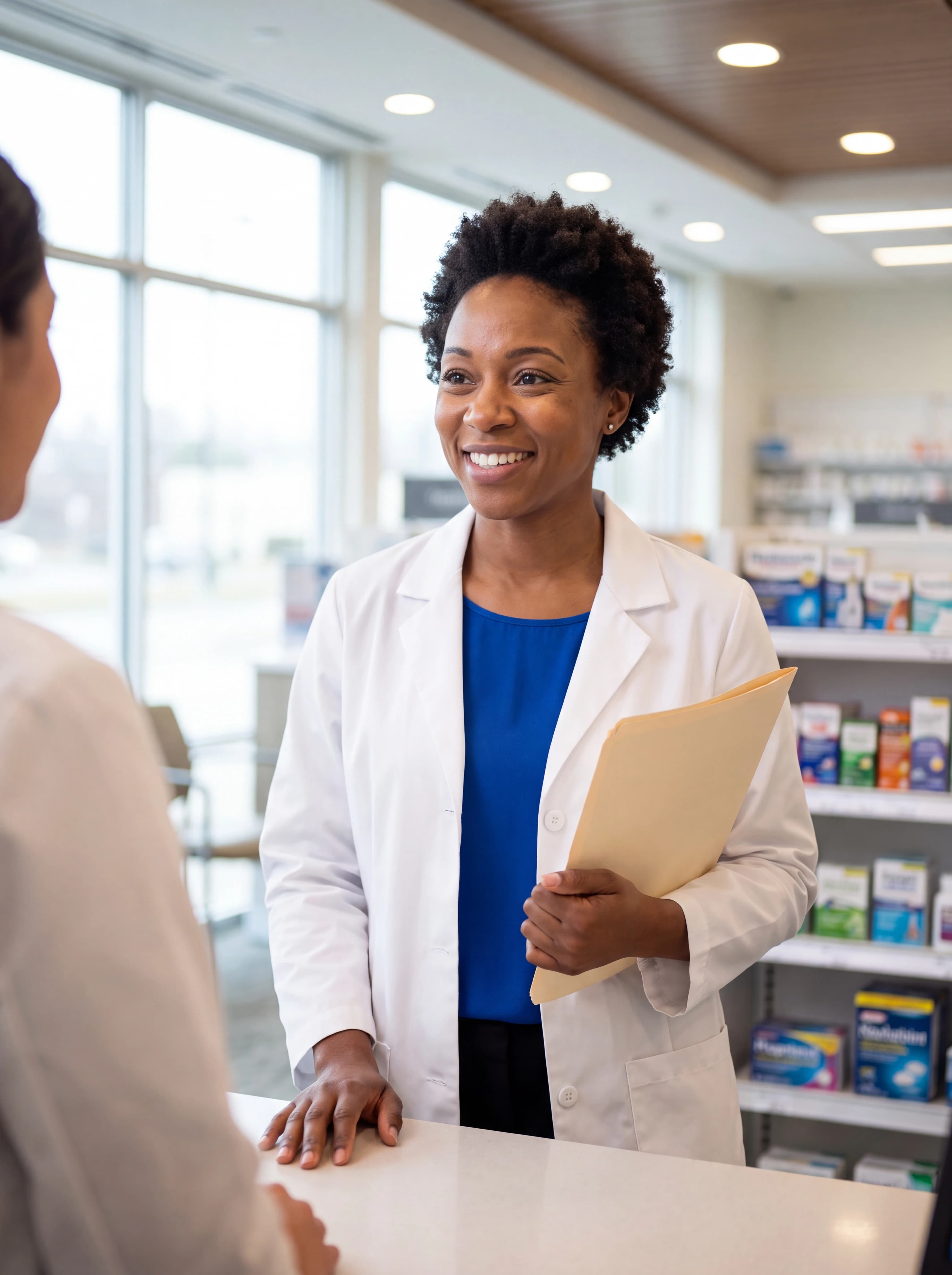 A pharmacist listening to a colleague at the counter